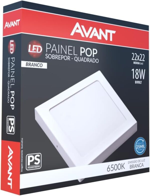 PAINEL LED SOBREPOR QUADRADO 6.500K 18W BIV - AVANT